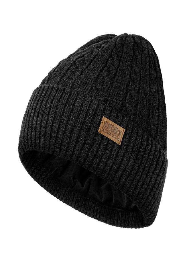 Wmcaps قبعة شتوية دافئة مبطنة بالفرو من Wmcaps، قبعة عصرية محبوكة بتصميم كابل ملتوي، قبعات شتوية حرارية للجنسين (أسود) - Image 1